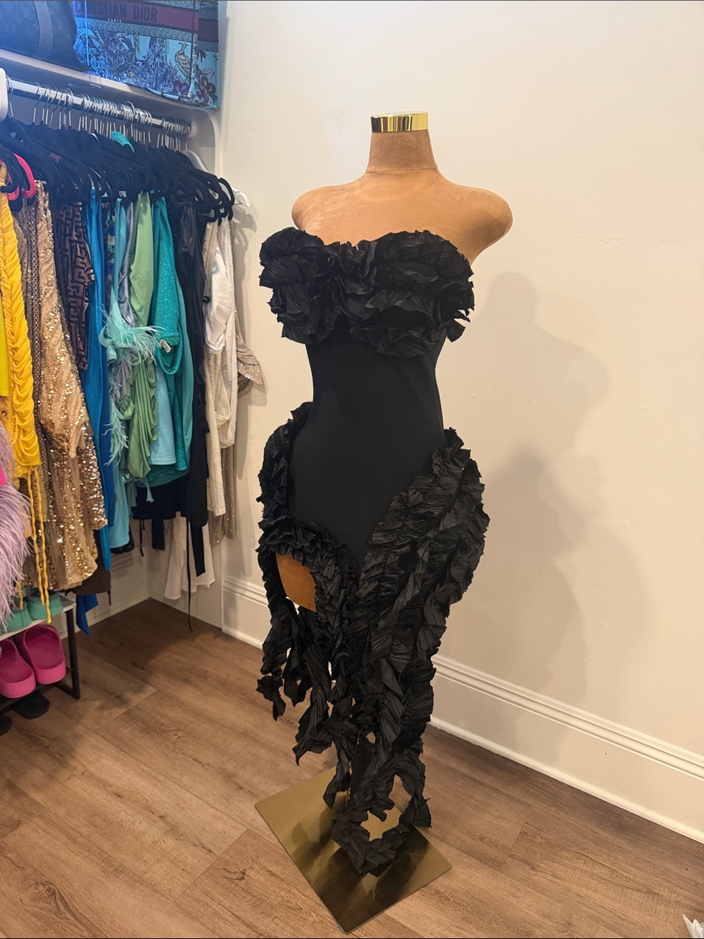 Strapless Black Ruffled Evening Dress